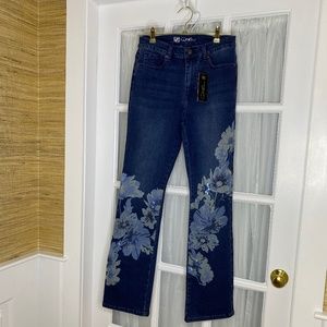 Denim bootcut embellished with lighter blue flowers and sequins;size 6; new; DG2